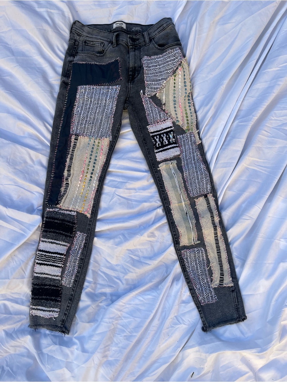 Upcycled patchwork grey jeans boho Aztec serape festival one of a kind